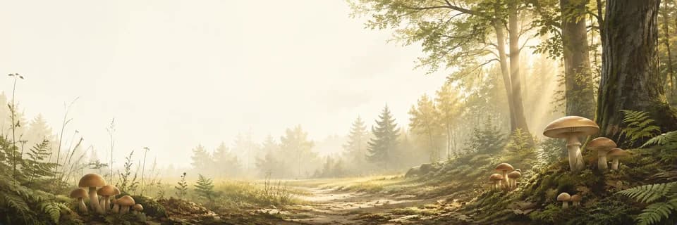 Woodland clearing with mushrooms in morning light
