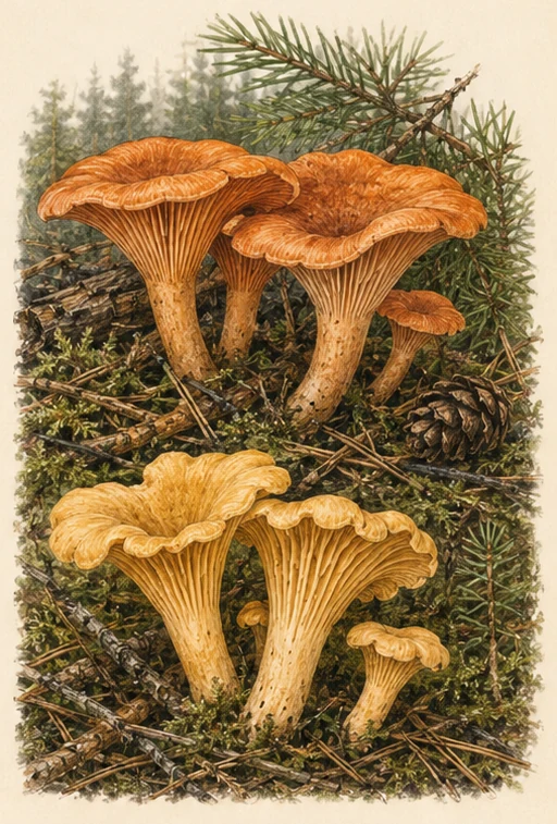 Hygrophoropsis aurantiaca — botanical illustration
